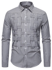 Men's long sleeve button-down shirt with striped woven pattern and cotton blend fabric, casual men's fashion by Trendsi.