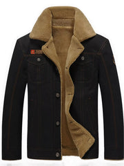 Plus size men's button-up fleece-lined jacket with pockets, stylish outerwear by Trendsi, featuring a warm, comfortable design.
