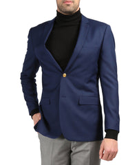Men's navy slim fit blazer by Ferrecci featuring gold buttons, tailored lapels, and classic blazer design.