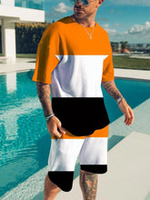 Men's color block tee and shorts set by Trendsi, plus size two-piece casual outfit, featuring a vibrant color block design.