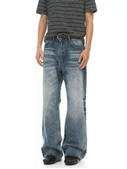 Men's vintage wash flare jeans with raw hem and pockets, branded by Trendsi, displayed on a mannequin.