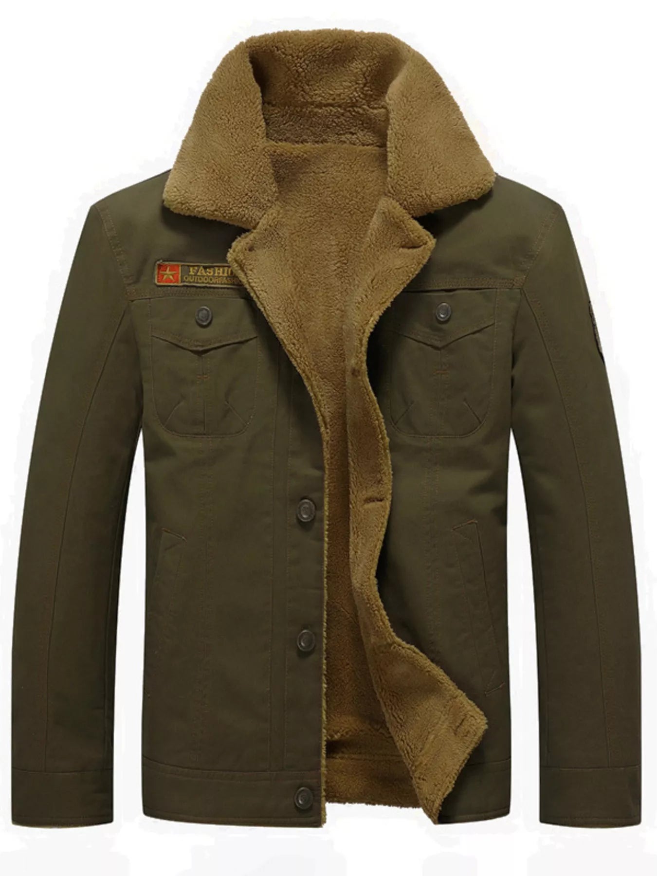 Men's plus size fleece-lined button-up jacket with pockets, stylish outerwear by Trendsi, ideal for cold weather.