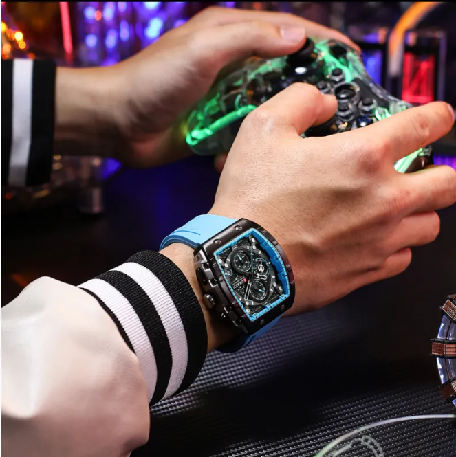 Men's Memories Six-pin Quartz Tape Watch with black strap and round dial, showcasing time and sleek design.