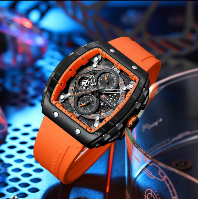 Men's Six-pin Quartz Tape watch by Memories but Unique with a sleek black dial and stainless steel strap.