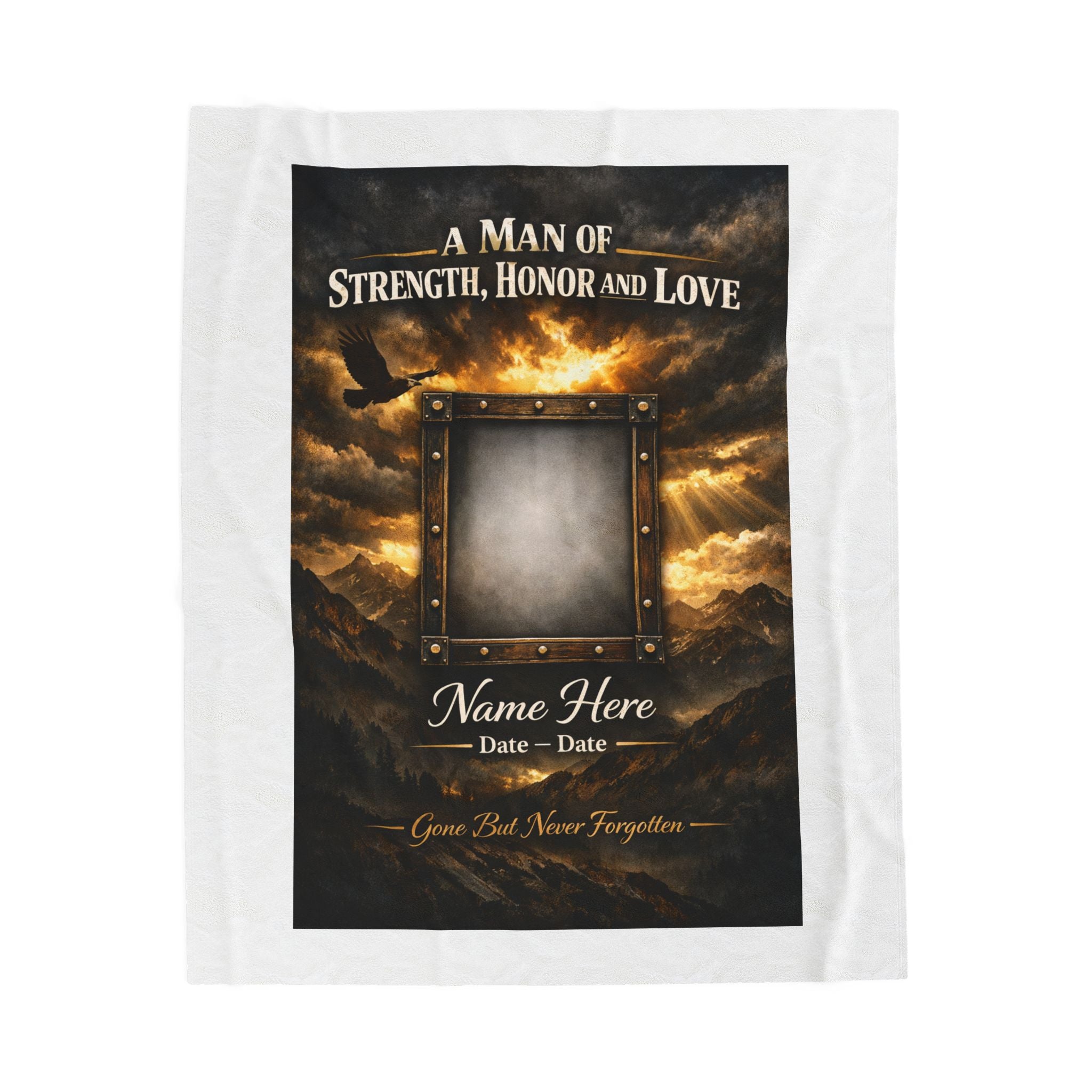Personalized velveteen memorial blanket with all-over print honoring a man of strength, love, and remembrance.