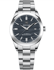 Luminous men's mechanical watch by Zen, showcasing a sleek silver dial, luminous hands, and stainless steel bracelet.