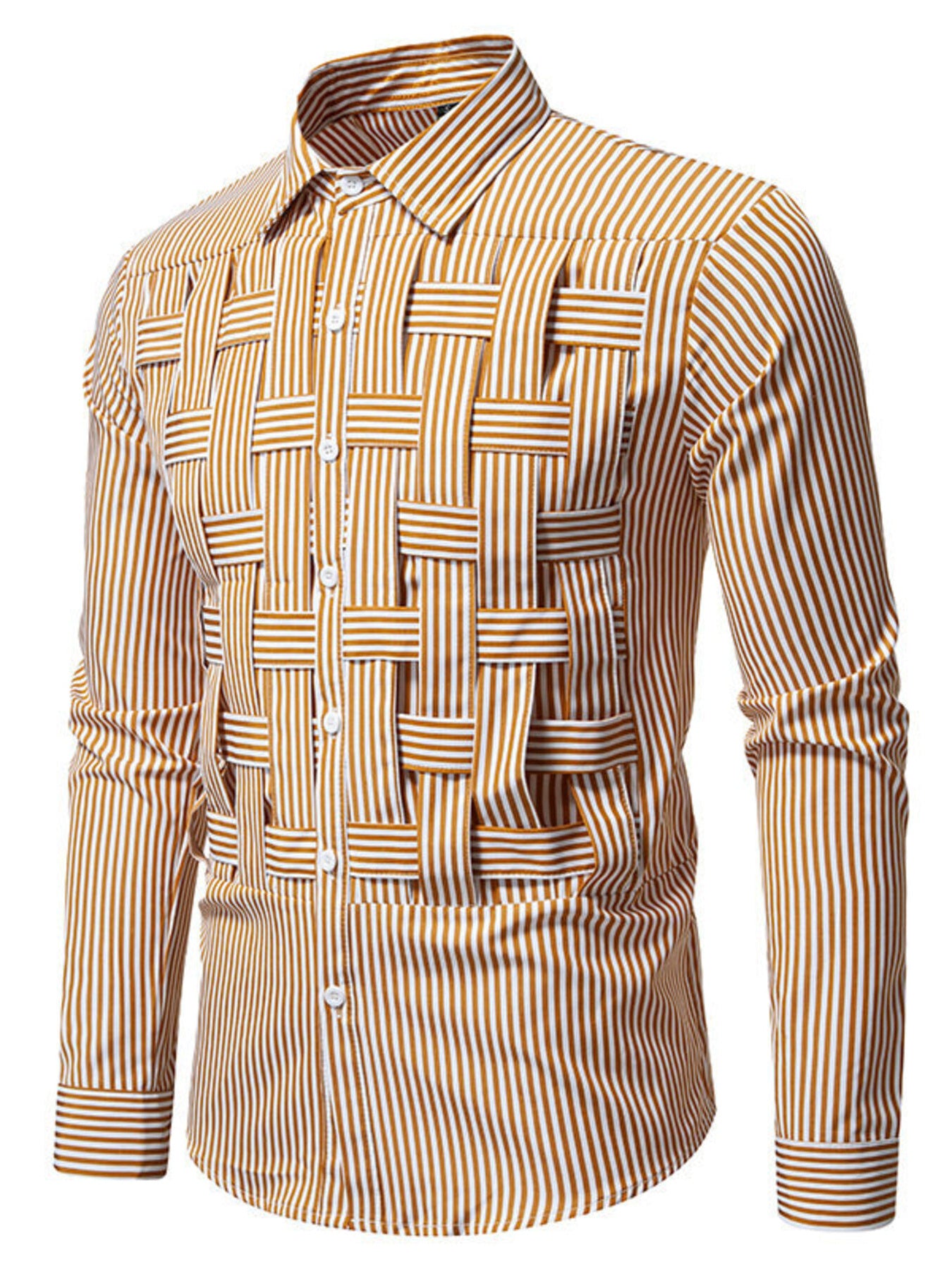 Men's cotton blend long sleeve shirt with striped woven pattern and button-down collar, stylish and comfortable for casual wear.