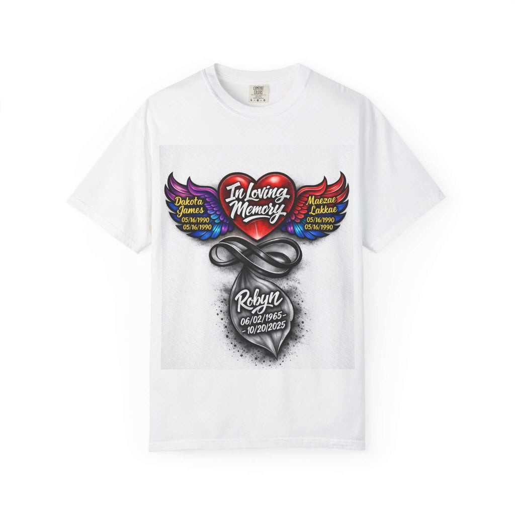Personalized memorial heart wings T-shirt by Printify featuring "In Loving Memory" tribute design on soft fabric.