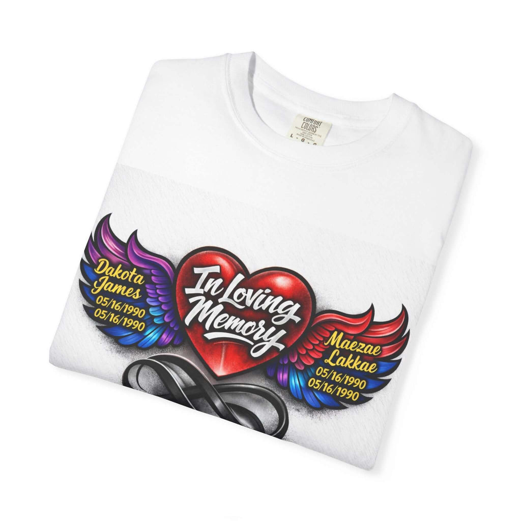 White memorial T-shirt with heart and wings design, personalized "In Loving Memory" tribute message, by Printify.
