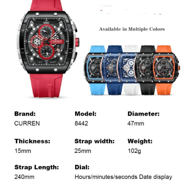 Men's Memories Unique six-pin quartz tape watch with black dial and silver stainless steel band, showcasing a stylish and functional design.