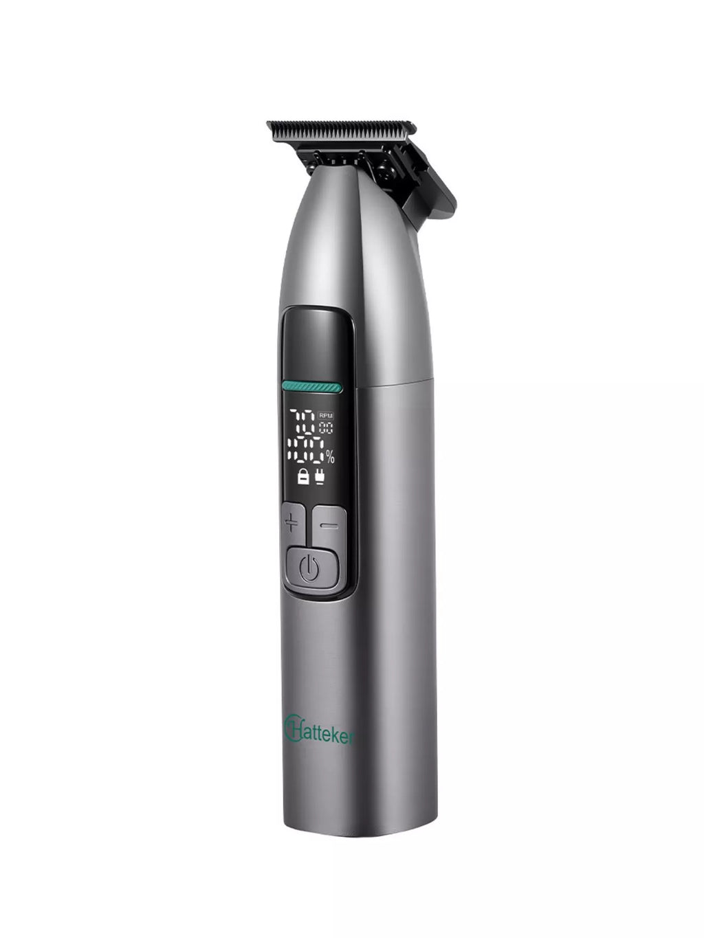 Rechargeable cordless hair clipper with LED display, waterproof design, portable Trendsi hair grooming tool in black.
