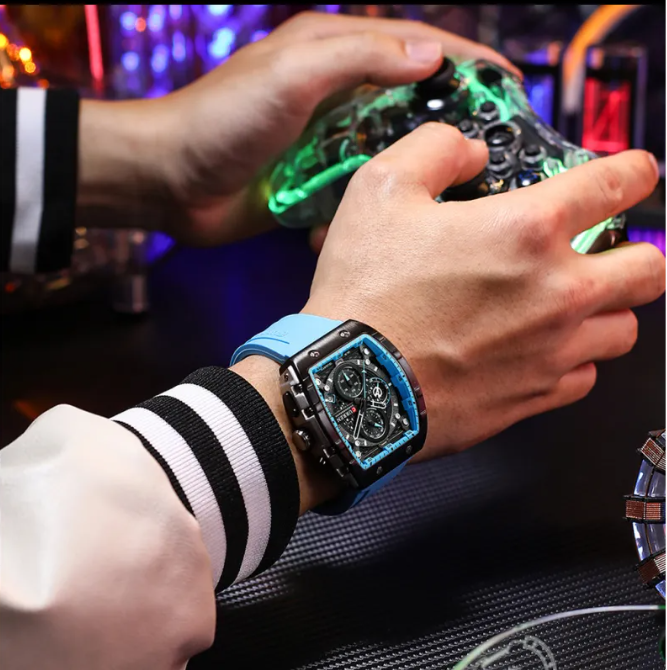 Men's Six-pin Quartz Tape watch by Memories but Unique with a sleek black dial and stainless steel strap.