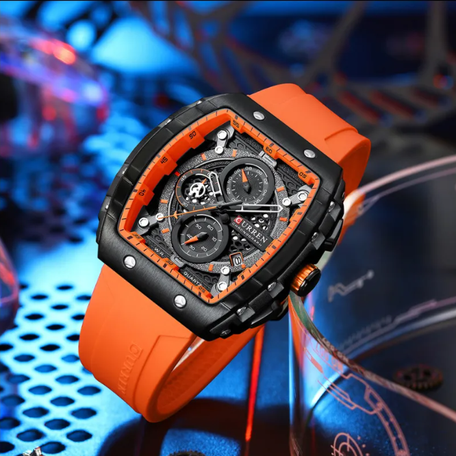 Men's Memories Six-pin Quartz Tape watch with black strap and round dial showing time and date.