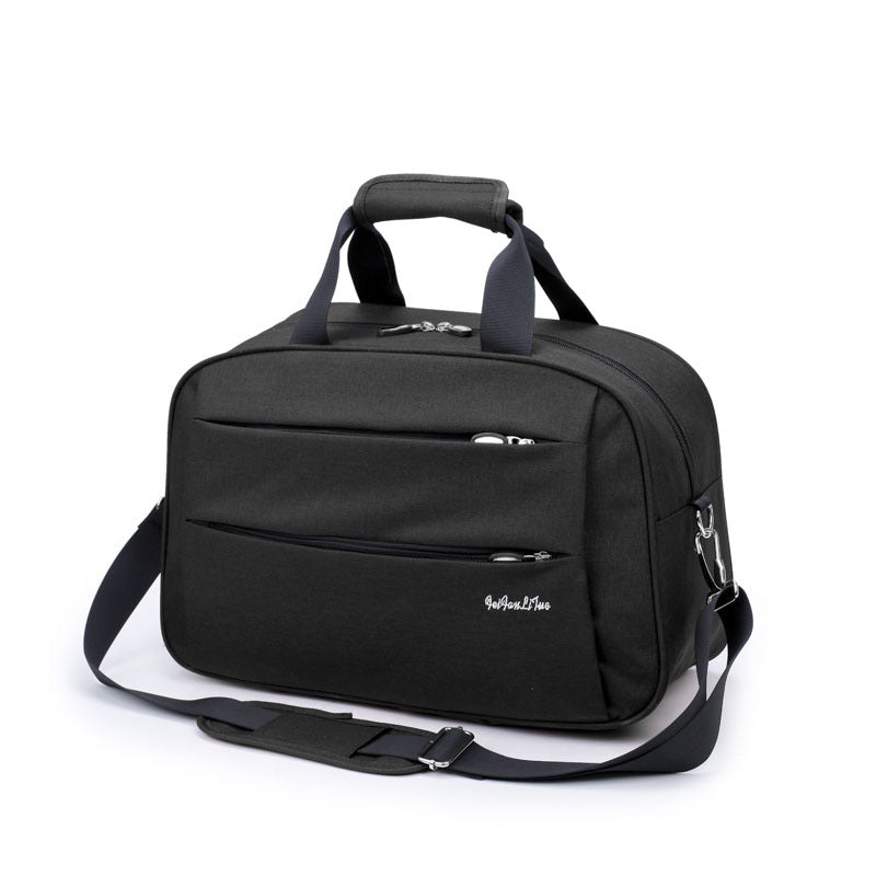 Men's portable waterproof travel fitness bag by Memories but Unique, showing a sleek black duffle with water-resistant material.