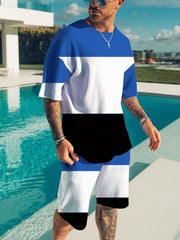 Plus size men's color block tee and shorts set by Trendsi, casual two-piece outfit with vibrant color blocking and comfortable fit.