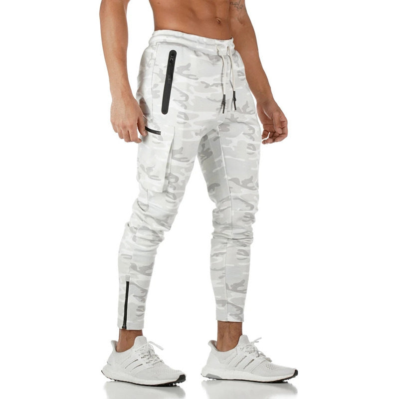 Men's camouflage cotton sports overalls with zipper details, casual versatile fitness trousers for running and outdoor activities.