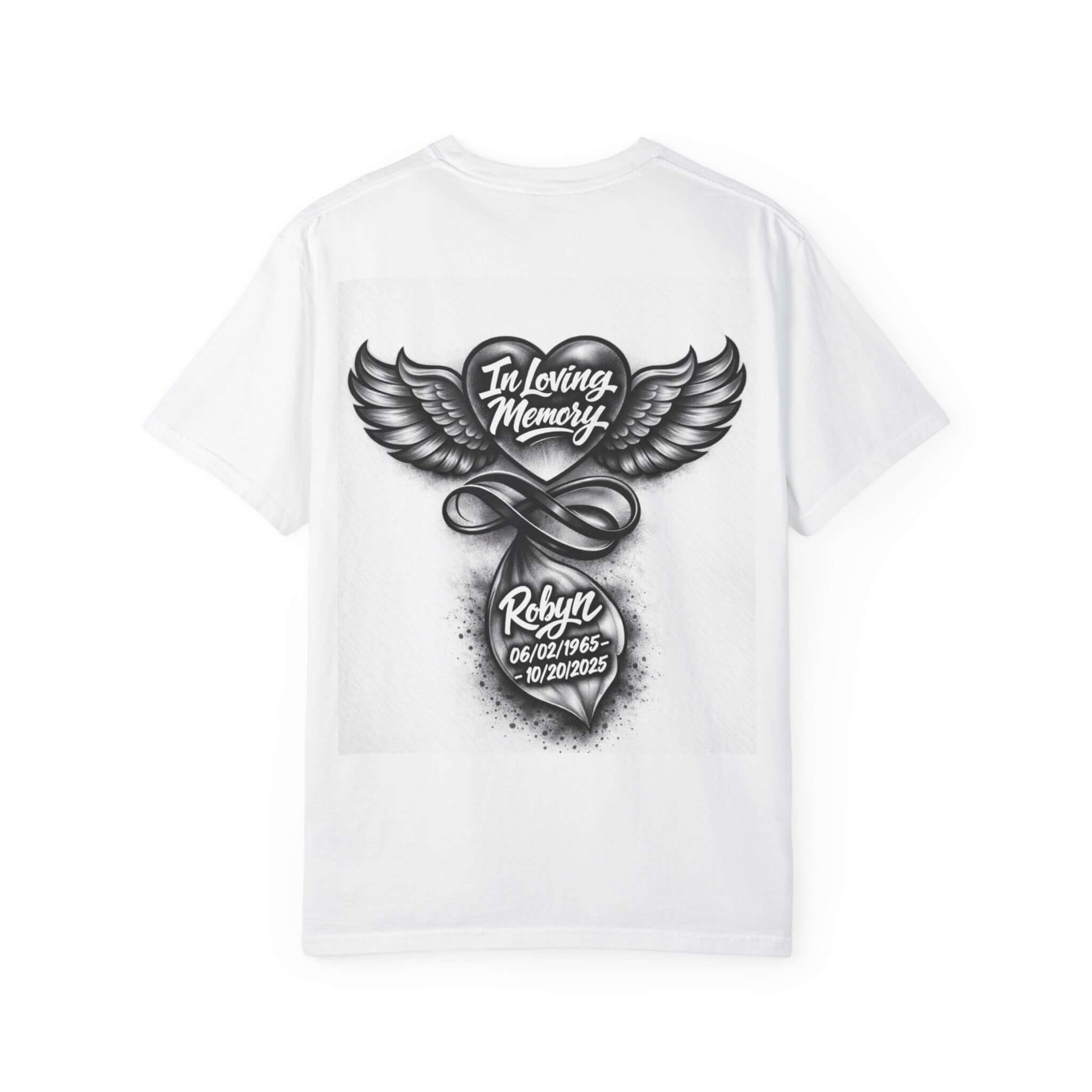 Personalized Memorial Heart Wings T-Shirt featuring "In Loving Memory" tribute design on a comfortable Printify tee.