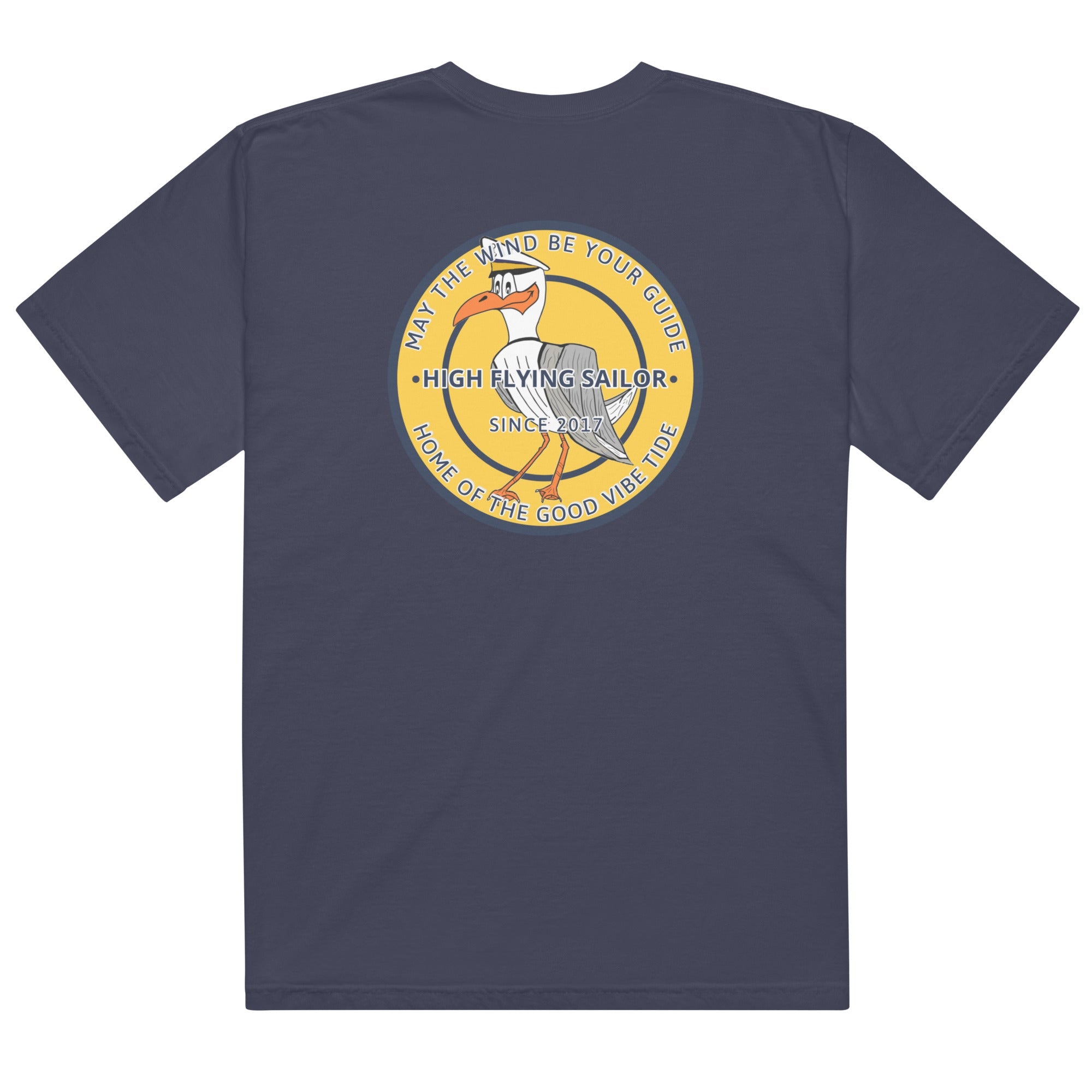 Men’s High Flying Sailor heavyweight T-shirt by Memories but Unique, featuring nautical design and durable cotton fabric.
