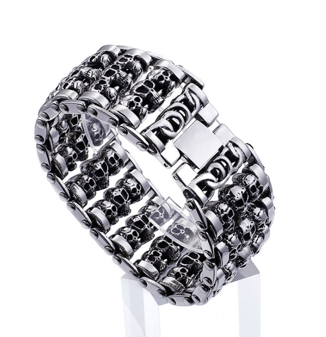 Men's titanium steel skull bracelet featuring punk style design, with intricate details and a bold, edgy appearance.