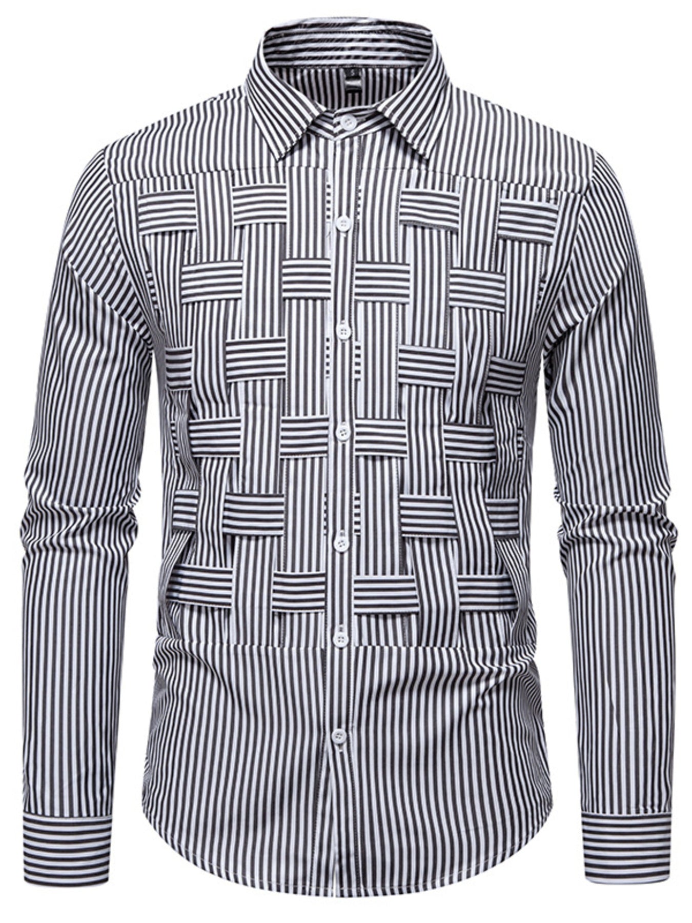 Men's long sleeve button-down shirt with striped woven pattern and cotton blend fabric, casual men's fashion by Trendsi.