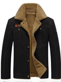 Plus size men's button-up fleece-lined jacket with pockets, stylish outerwear by Trendsi, featuring a warm, comfortable design.