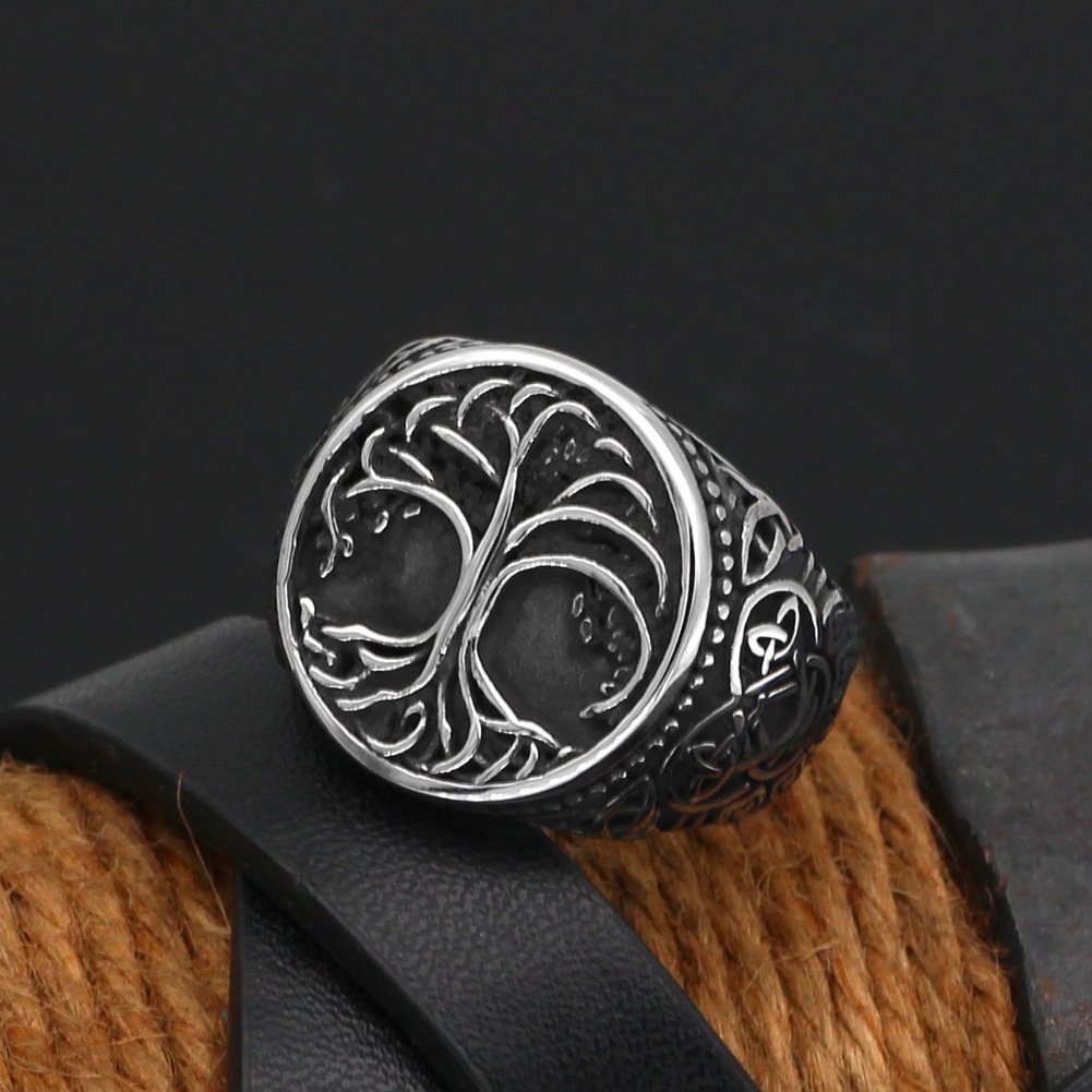 Titanium steel Viking men's ring featuring a detailed Tree of Life design, crafted by Memories but Unique.