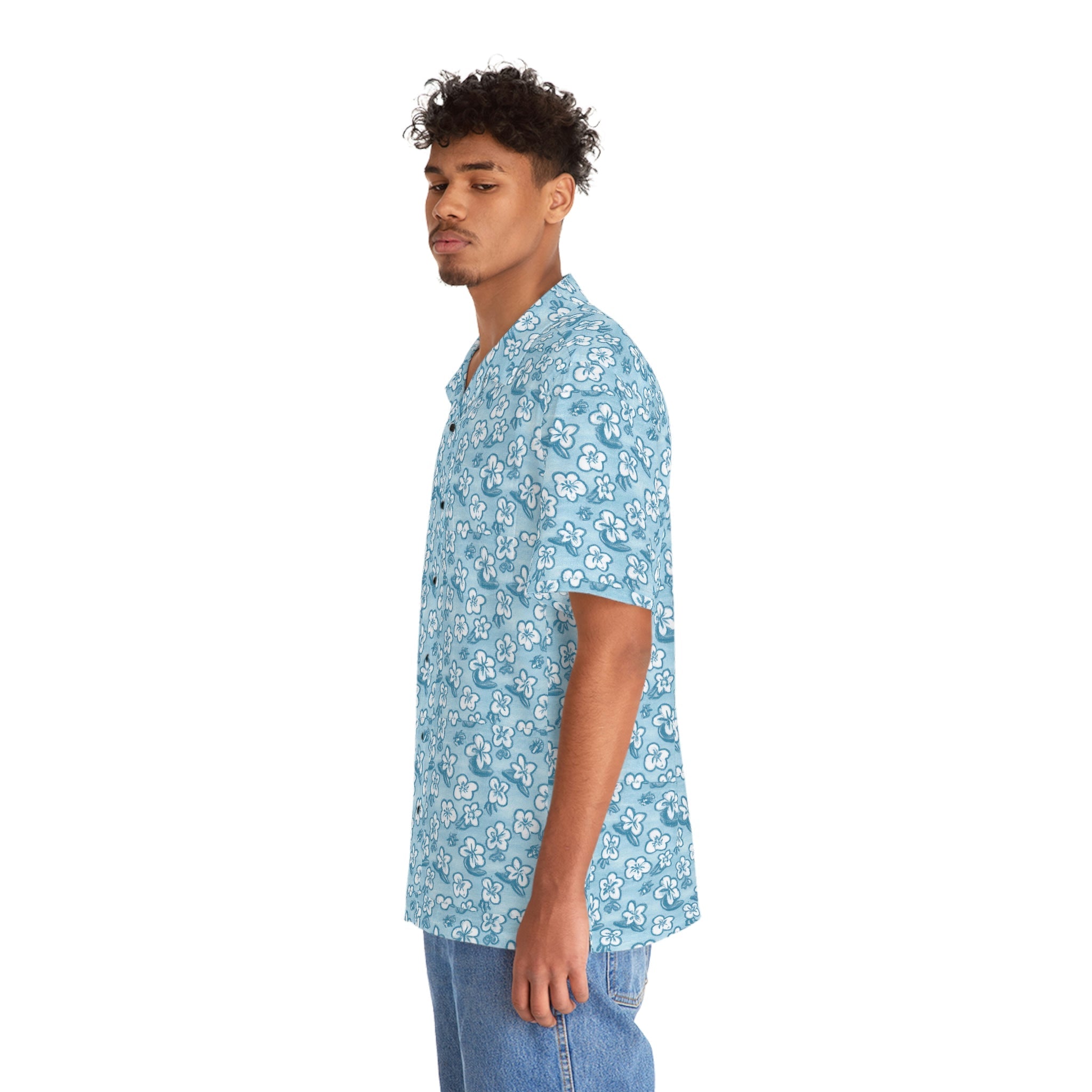 Men's Azul Tropical Flower Hawaiian shirt with vibrant floral pattern, lightweight fabric, and short sleeves.