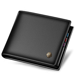 Memories but unique men's genuine leather bifold wallet with zipper coin pocket, slim casual men's purse on plain background.
