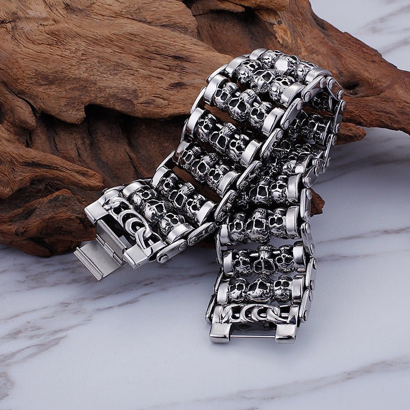 Men's titanium steel skull bracelet featuring a punk style design, showcasing sleek metal links and a bold, edgy look.
