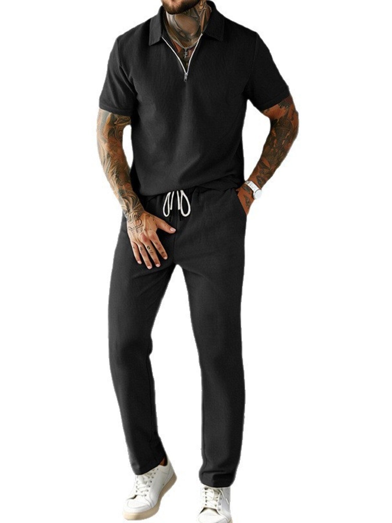 Men's plus size casual zipper polo shirt and drawstring pants set, Trendi brand, shown in a relaxed, comfortable outfit.