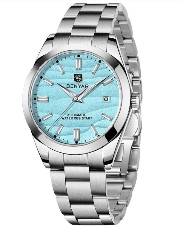 Luminous Zen men's mechanical watch with a sleek silver case, black dial, and luminous hands, displayed on a leather strap.