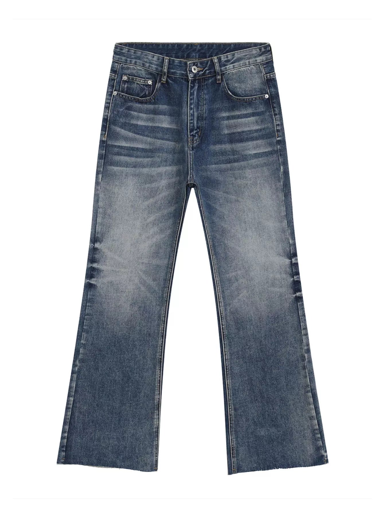 Men's vintage wash flare jeans by Trendsi with raw hem, five pockets, and classic denim style.