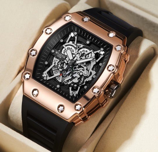 Luminous men's watch by Memories but Unique with a sleek black dial and luminous hands, displayed on a wrist.