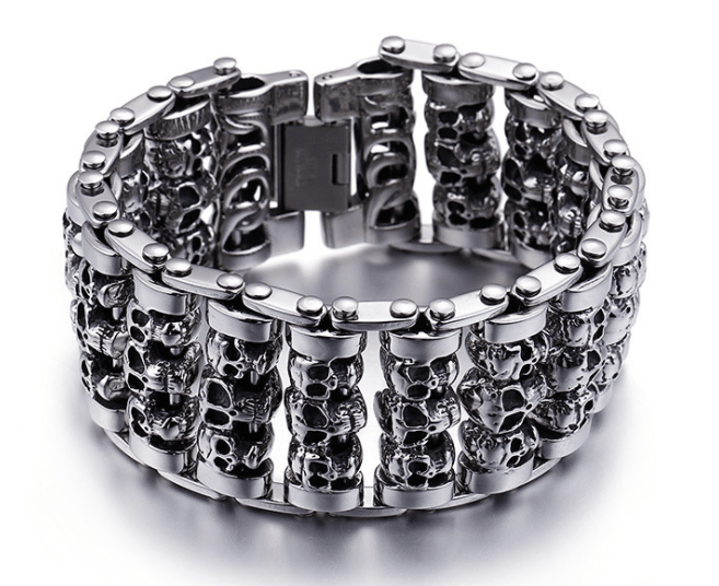 Men's titanium steel skull bracelet with punk style design, featuring bold skull accents and durable metal construction.