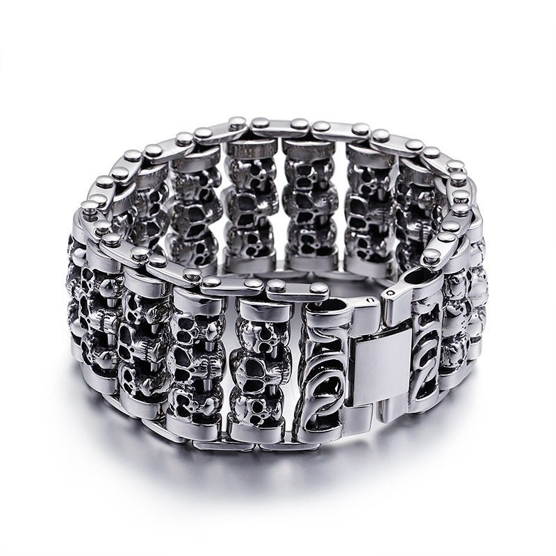 Men's titanium steel skull bracelet featuring punk style design, with intricate details and a bold, edgy look.