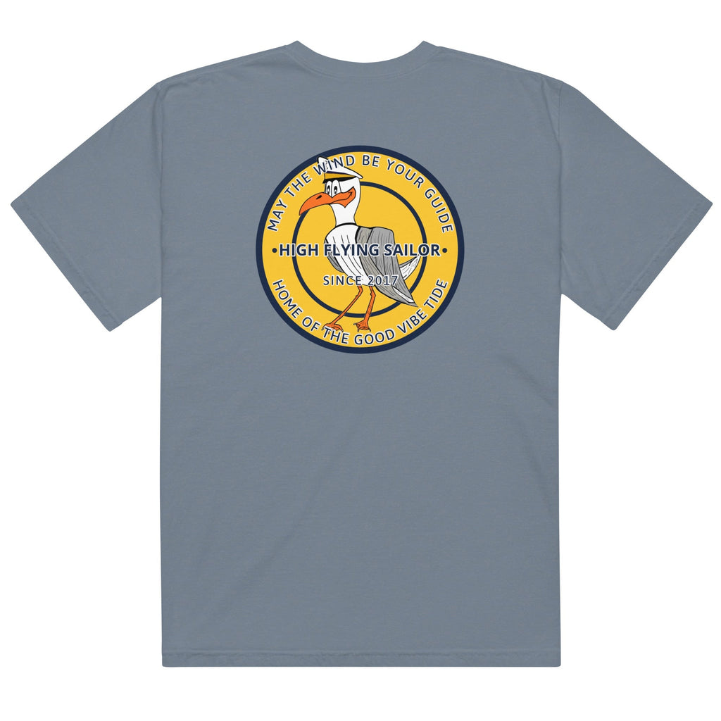 Men’s High Flying Sailor Heavyweight T-shirt by Memories But Unique featuring a nautical sailor design on durable cotton fabric.