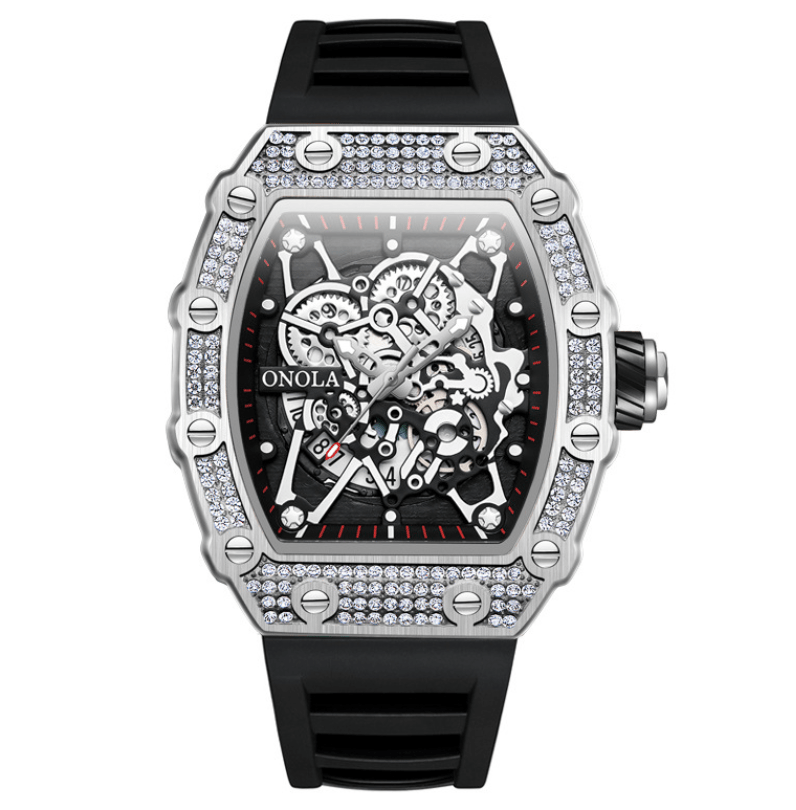 Memories but Unique ONOLA men's watch with black dial, silver stainless steel band, and classic design on a white background.