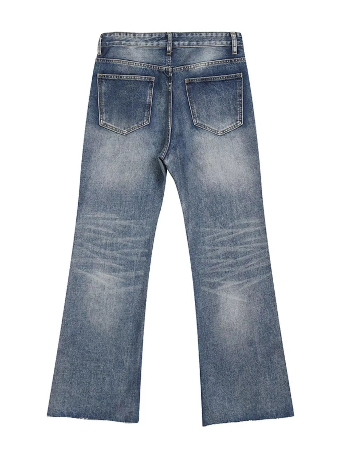 Men's vintage wash flare jeans with raw hem and pockets by Trendsi, showing the distressed denim with a relaxed fit.