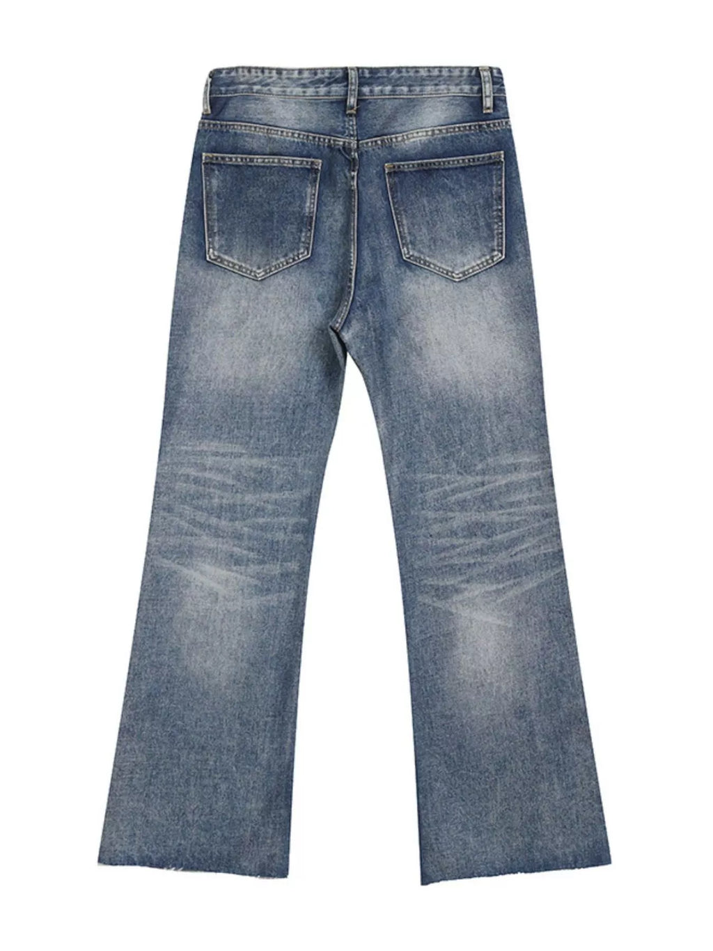Men's vintage wash flare jeans with raw hem and pockets by Trendsi, showing the distressed denim with a relaxed fit.