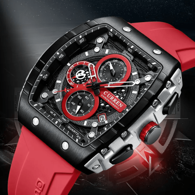 Men's Memories Six-pin Quartz Tape watch with black dial and silver stainless steel band, showcasing a sleek and modern design.