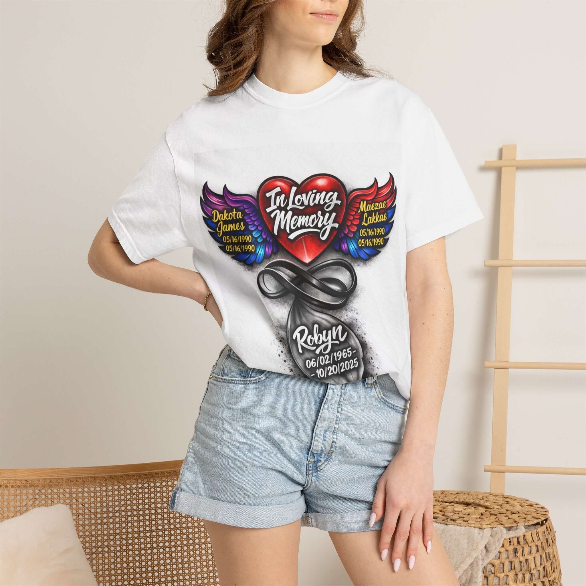 Personalized Memorial Heart Wings T-Shirt with "In Loving Memory" tribute design, featuring a heartfelt graphic on a comfortable tee.