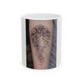 Ceramic mug with cherry blossom tattoo memorial design, available in 11oz and 15oz sizes, featuring floral artwork.