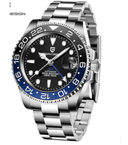 Luminous Men's Watch by Memories but Unique showing a sleek black dial with luminous hands and stainless steel strap.