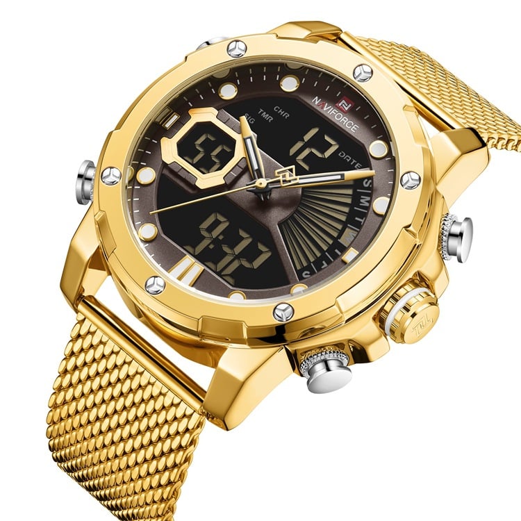 Men's sports watch by Memories but Unique with a black band and digital display on a white background.