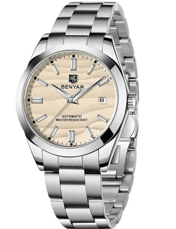 Zen Luminous Men's Mechanical Watch showcasing a classic jewelry design with a glowing dial and stainless steel bracelet.