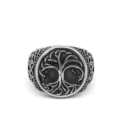 Titanium steel Viking men's ring with Tree of Life design, featuring intricate engraved details and a polished finish.