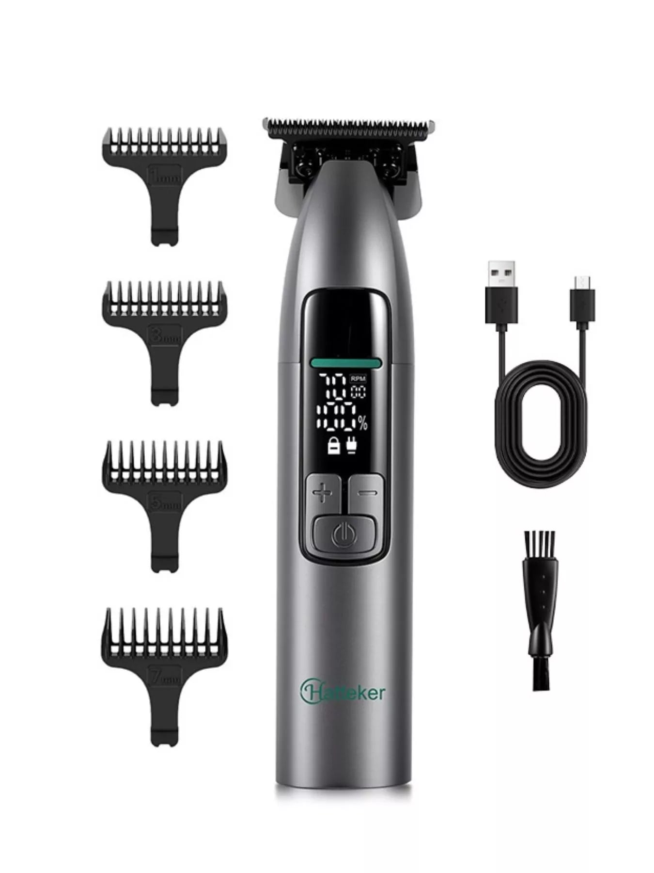 Rechargeable cordless hair clipper with LED display, waterproof design, portable Trendi brand grooming tool for precise haircuts.