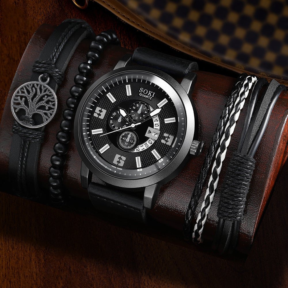 Men's business quartz watch set by Memories but Unique featuring a sleek watch with a stylish leather strap and elegant design.