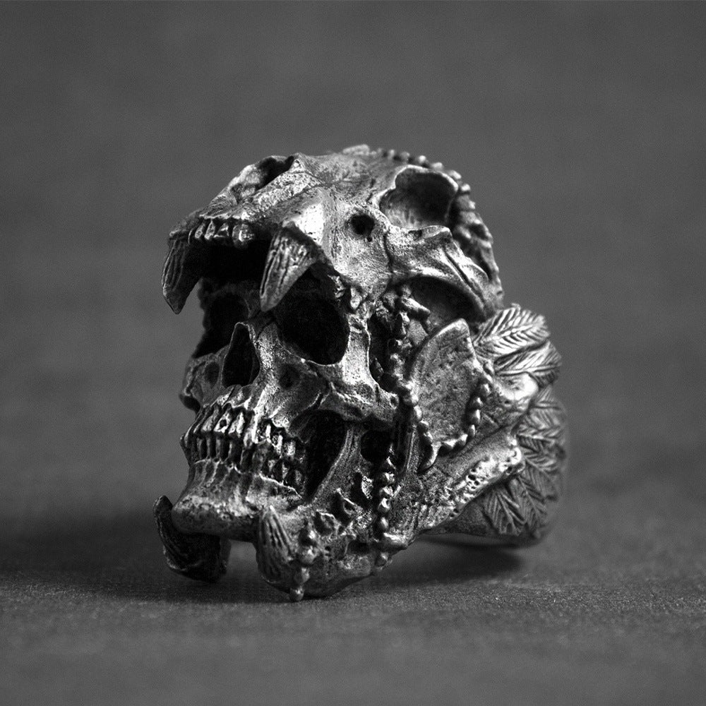 Gothic punk skull men's ring with intricate design, black finish, and bold style from Memories but unique jewelry brand.