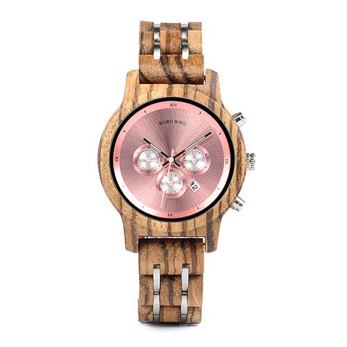 Men's wooden watch by Memories but Unique showing a close-up of the watch face and wooden band on a neutral background.
